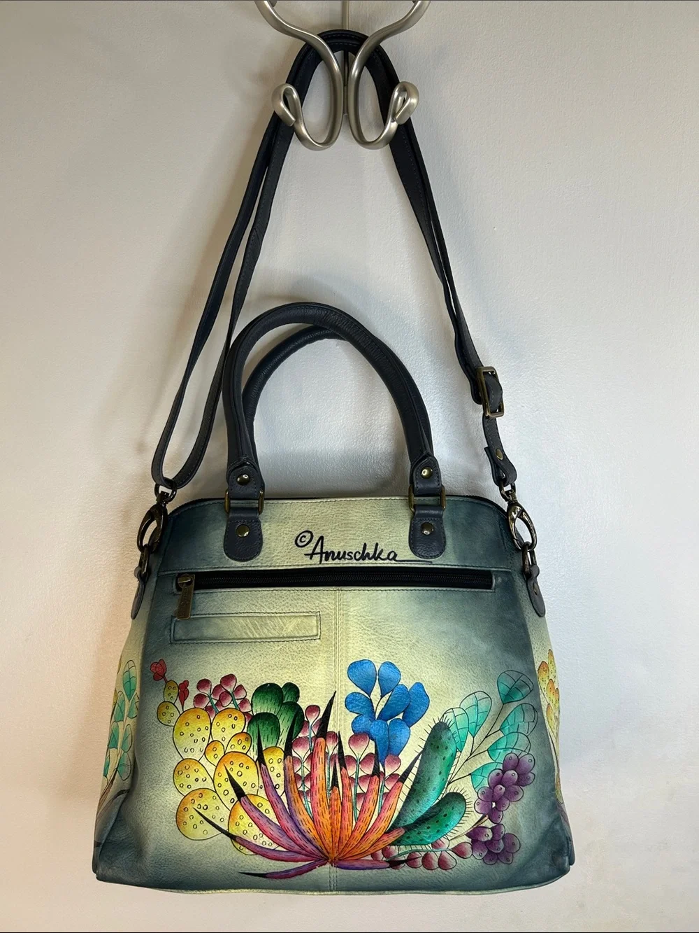 Anuschka Hand Painted Flowers & Bird Theme Leather Satchel & Shoulder Strap